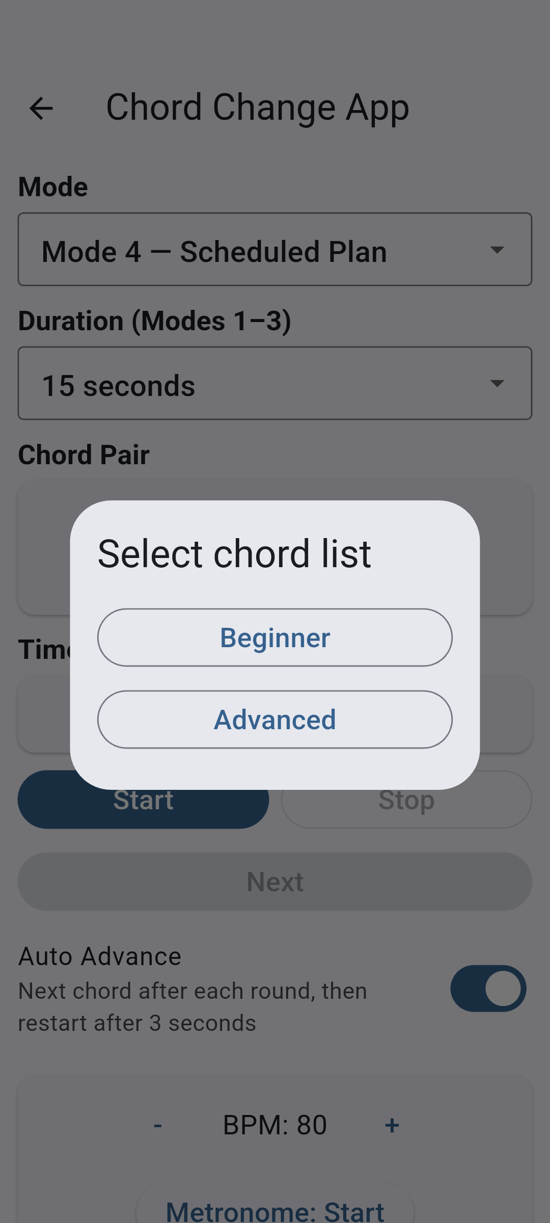 Guitar Chord Change Trainer chord selection screen